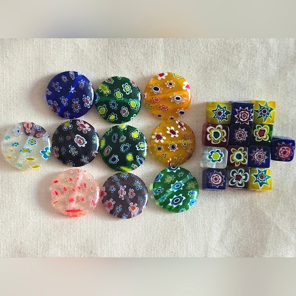 Lot Of 24 Colorful Square And Round Glass Beads